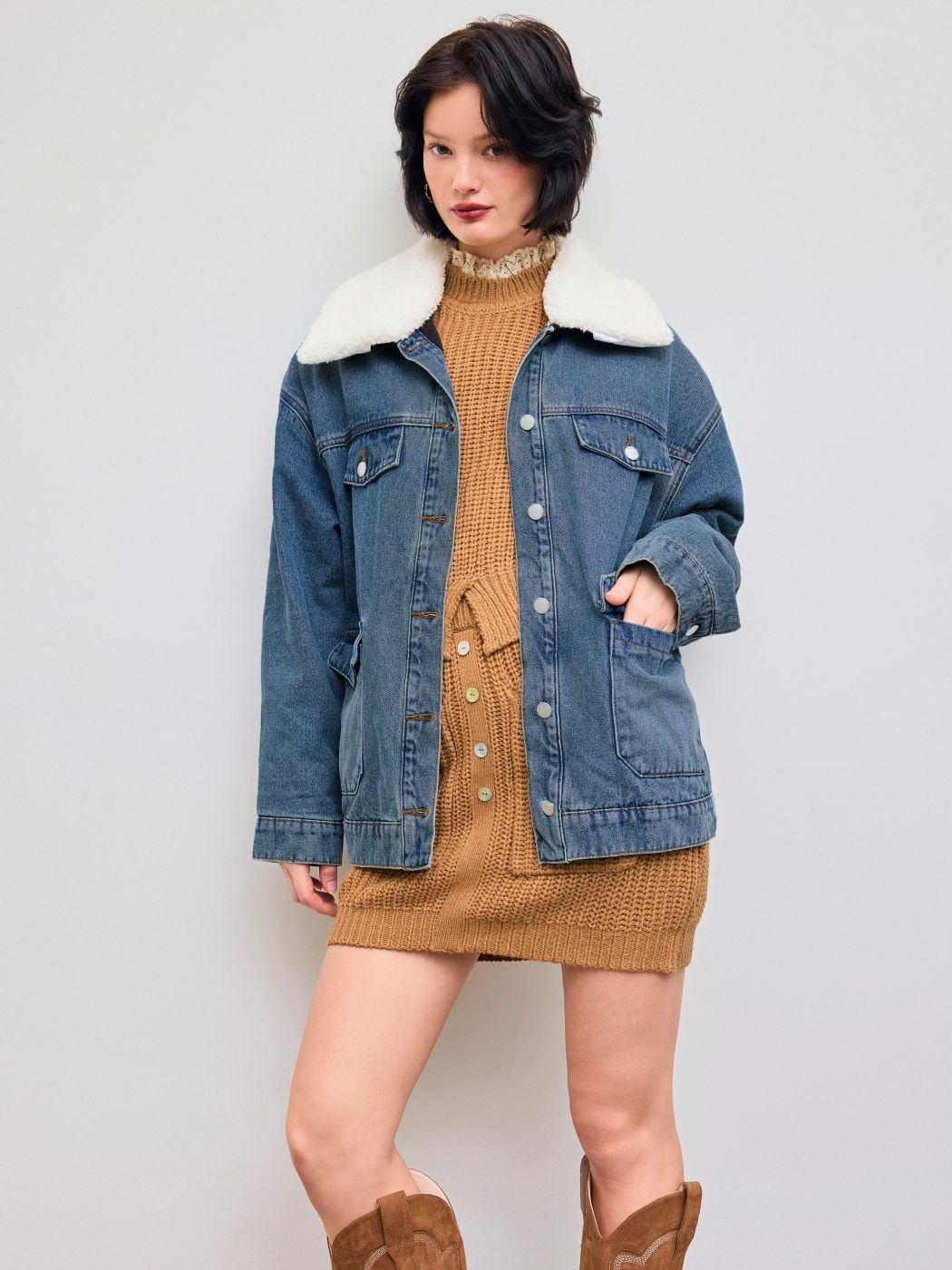 Denim Oversized Quilted Jacket With Faux Shearling Collar