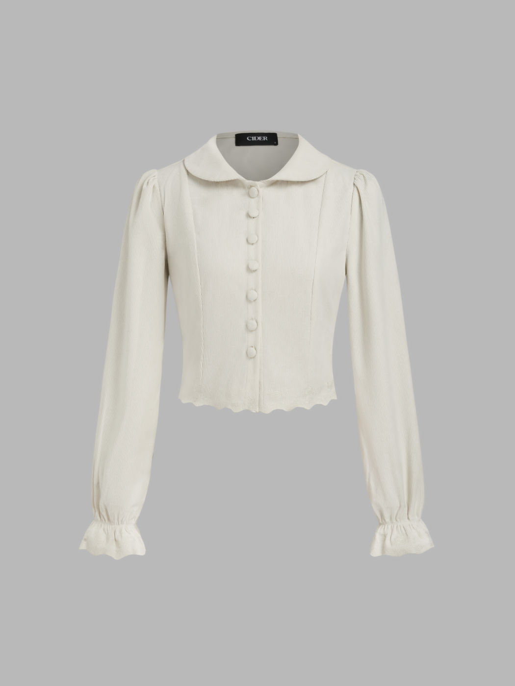 Cord Bluse mit Rüschenbesatz und langen Ärmeln