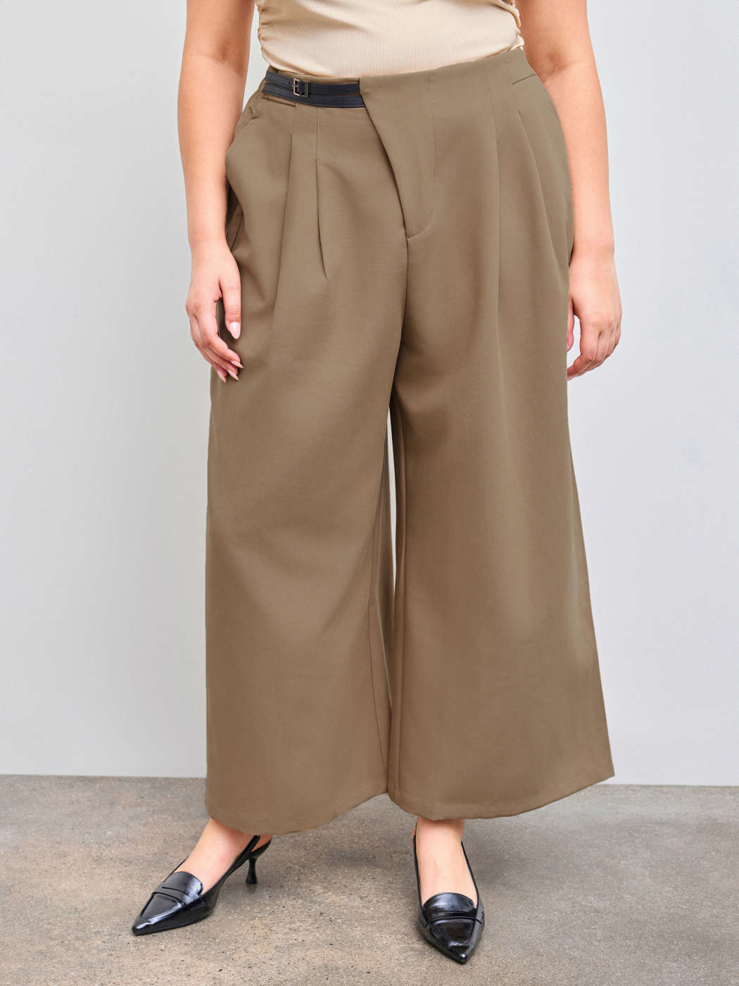 Palazzo Pants Belted Waist Pants Woven Mid Waist Belted Pocket - Main Image