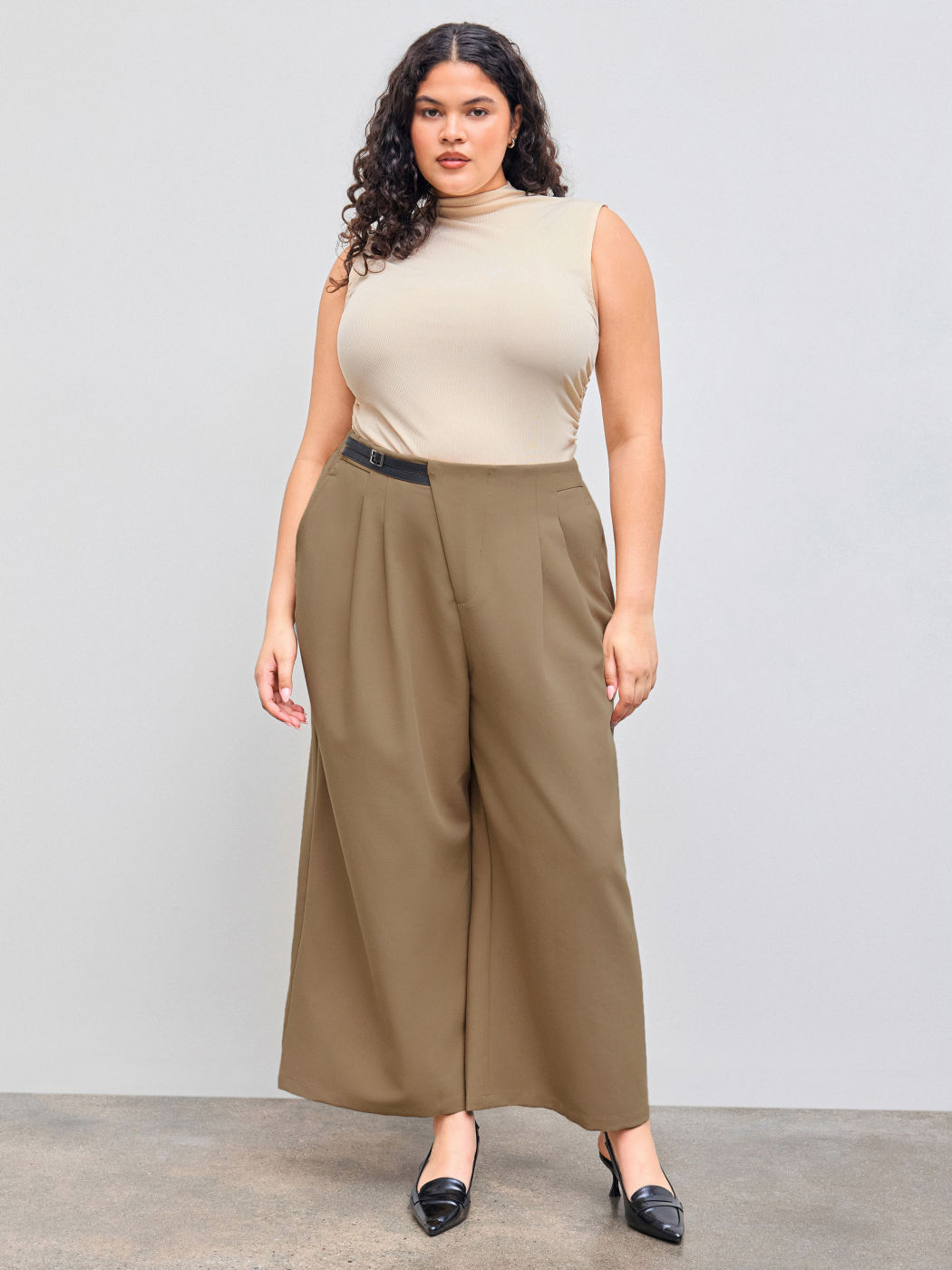 Mid Waist Belted Pocket Wide Leg Trousers Curve & Plus