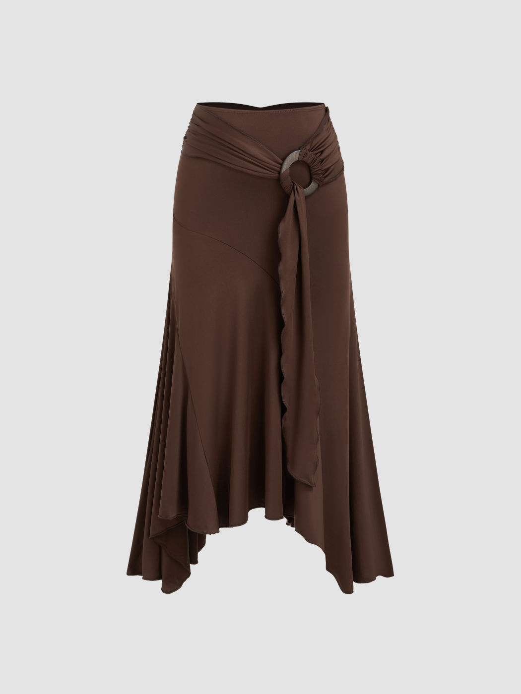 Mid Rise Ruffle Hem Ruched Maxi Skirt