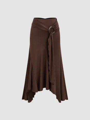 Mid Rise Ruffle Hem Ruched Maxi Skirt