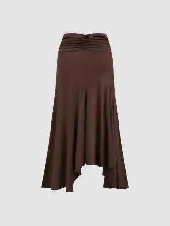 Mid Rise Ruffle Hem Ruched Maxi Skirt
