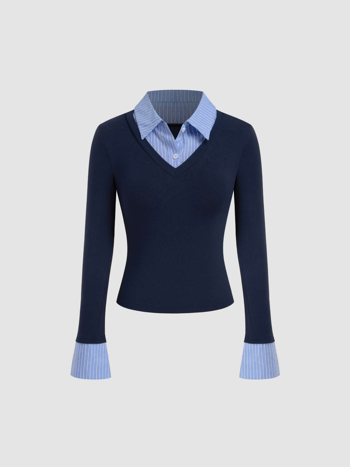 Knit Fabric Cotton-blend Collar Stripe Two Tone Top For School