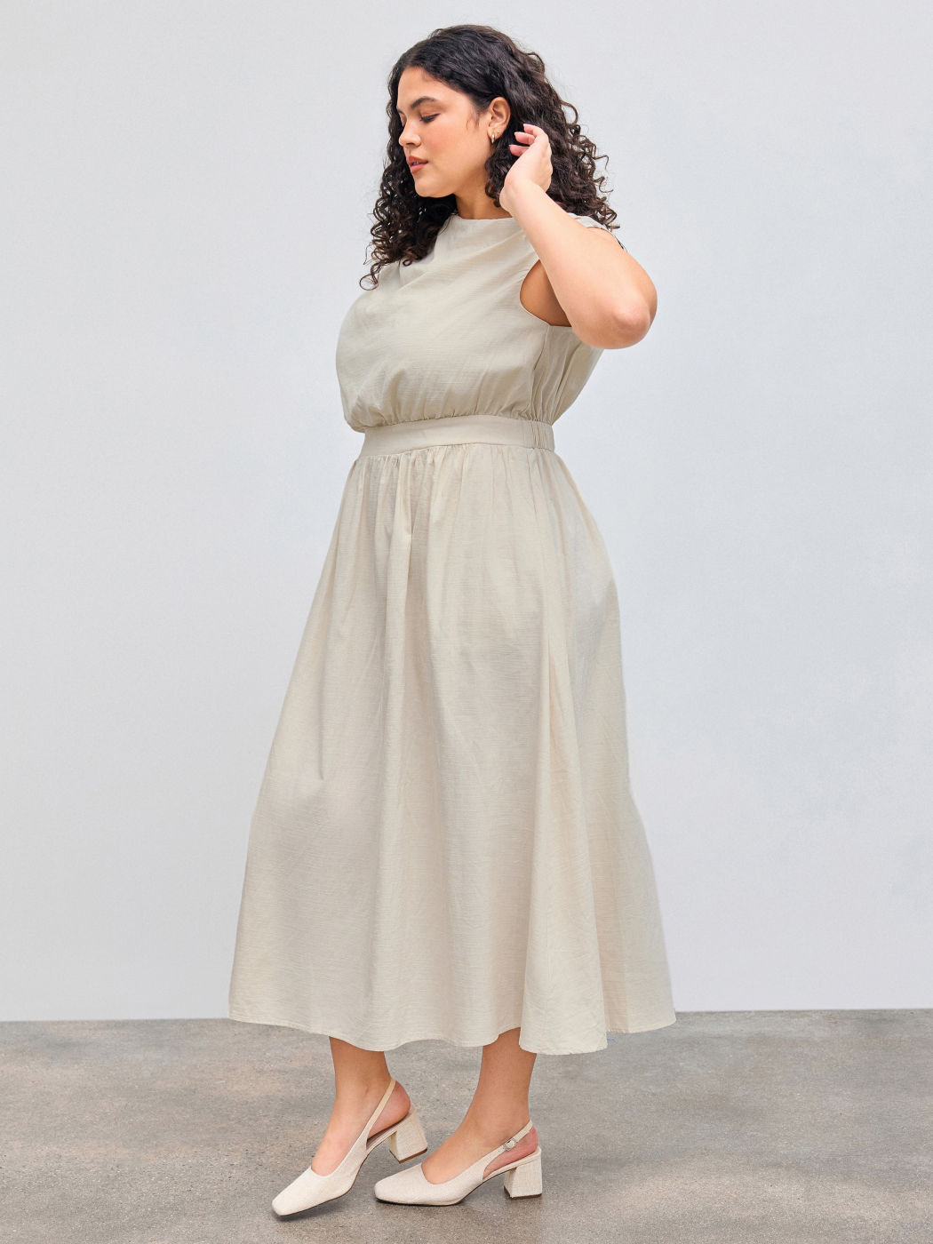 Cotton-blend Asymmetrical Neck Solid Ruffle Pocket Midi Dress Curve & Plus