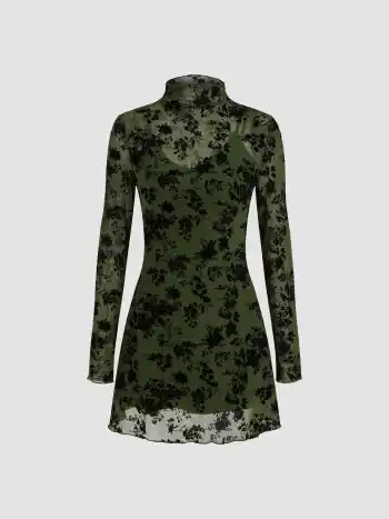 Hoher Kragen Blumen Minikleid & V-Ausschnitt Unifarben Cami Minikleid