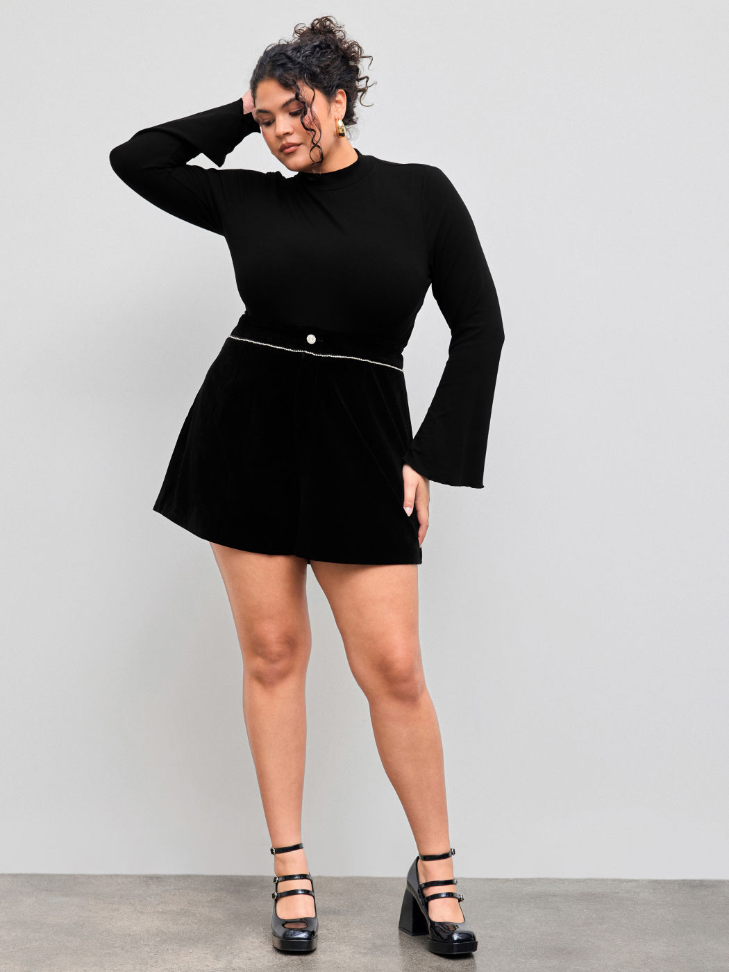 High Neck Solid Bell Sleeve Bodysuit Curve & Plus