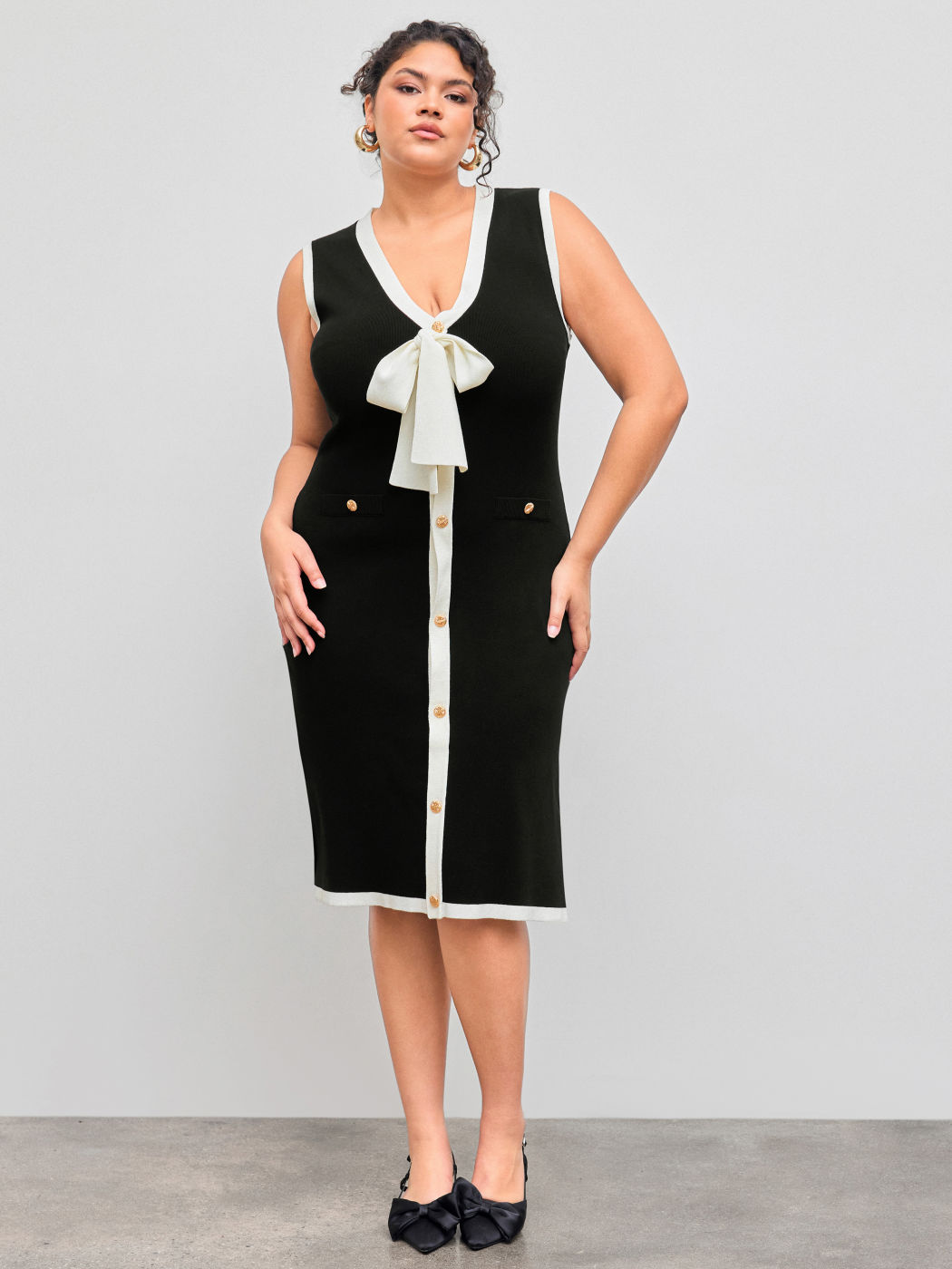 Knit V-neck Contrasting Binding Bowknot Midi Dress Curve & Plus