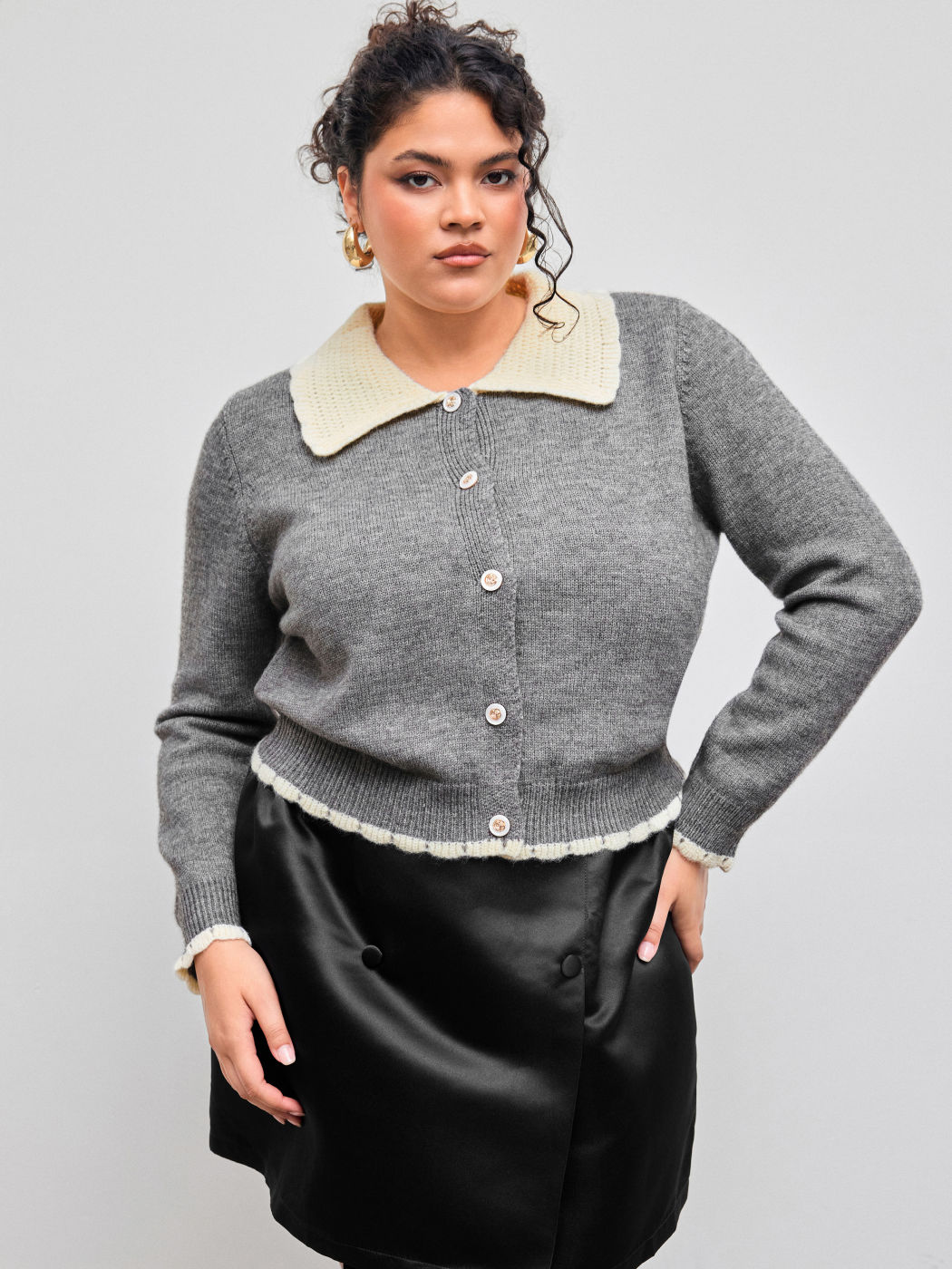 Knit Collar Contrasting Binding Button Up Cardigan Curve & Plus