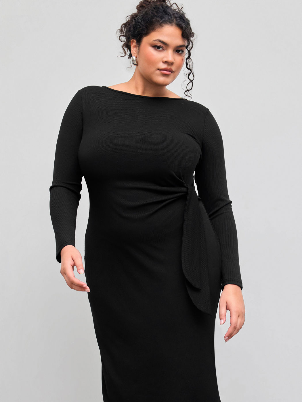 Round Neckline Solid Knotted Midi Dress Curve & Plus