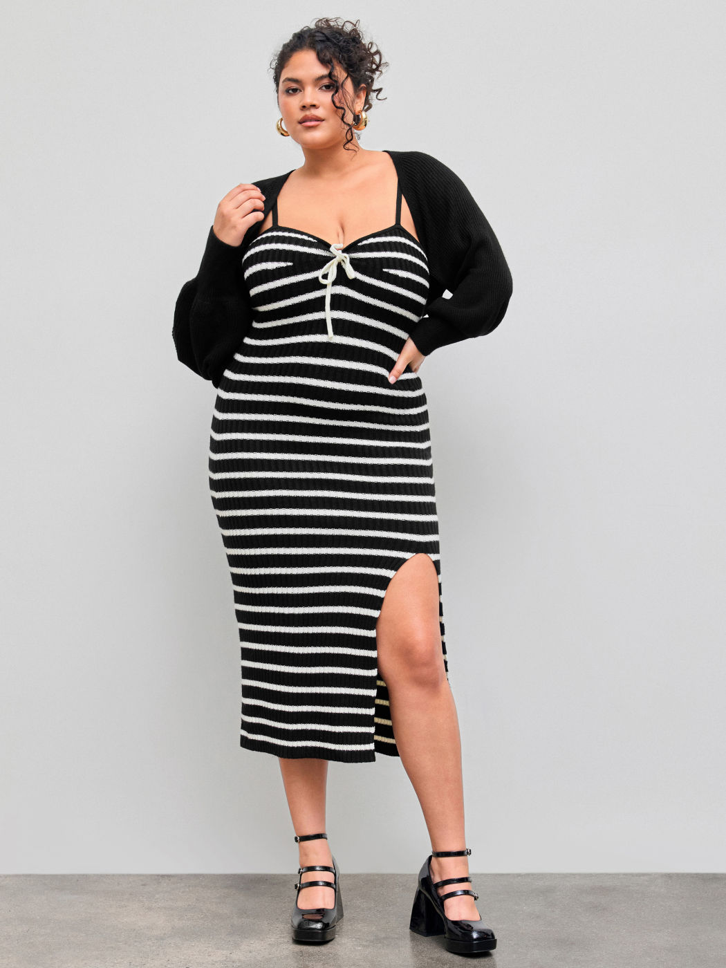 Knit Sweetheart Striped Split Maxi Dress & Long Sleeve Shrug Set Curve & Plus