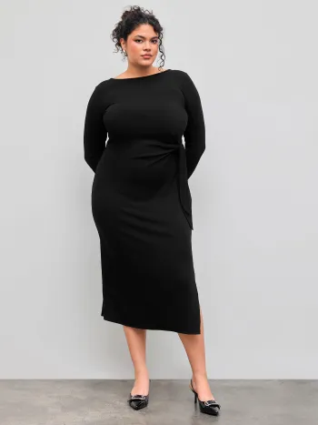 Rundhals Einfarbig Geknotetes Midikleid Kurve & Plus