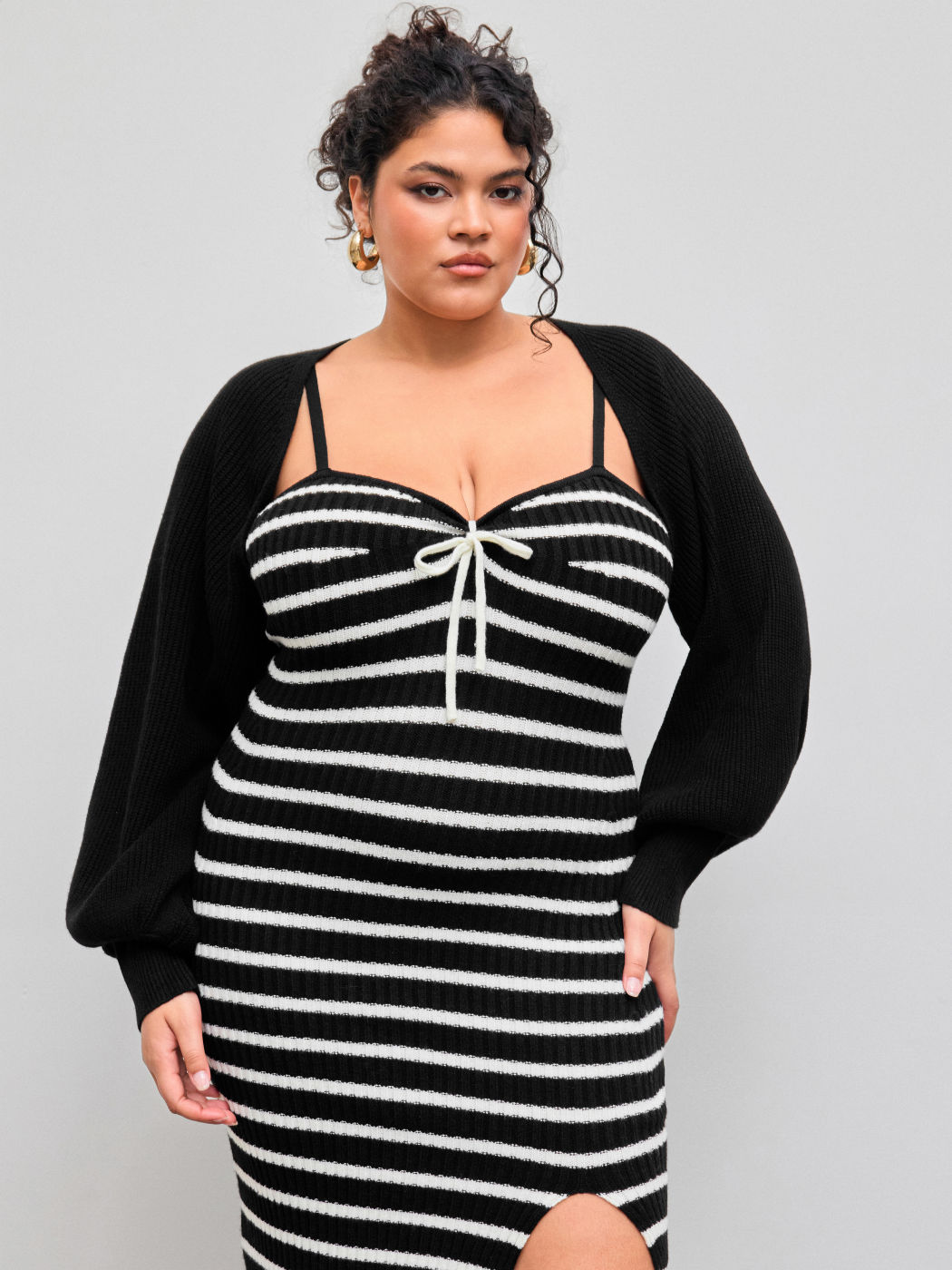 Knit Sweetheart Striped Split Maxi Dress & Long Sleeve Shrug Set Curve & Plus