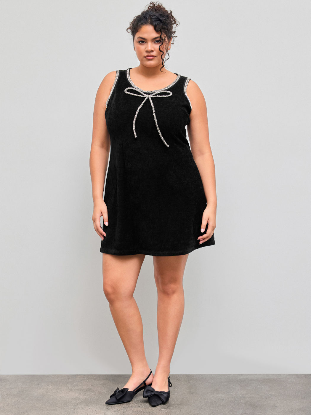 Rundhals Strass Schleife Mini Kleid Kurve & Plus