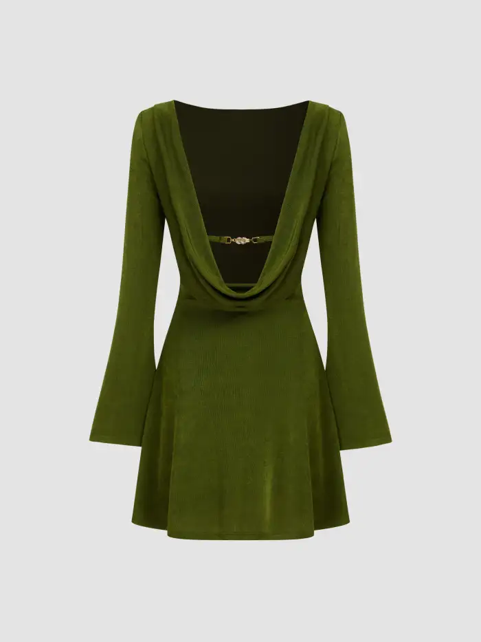 Suede V-neck Solid Button Mini Dress