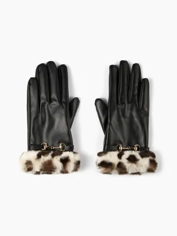 LEOPARD PRINT FUR-LOOK TRIM BUCKLE GLOVES