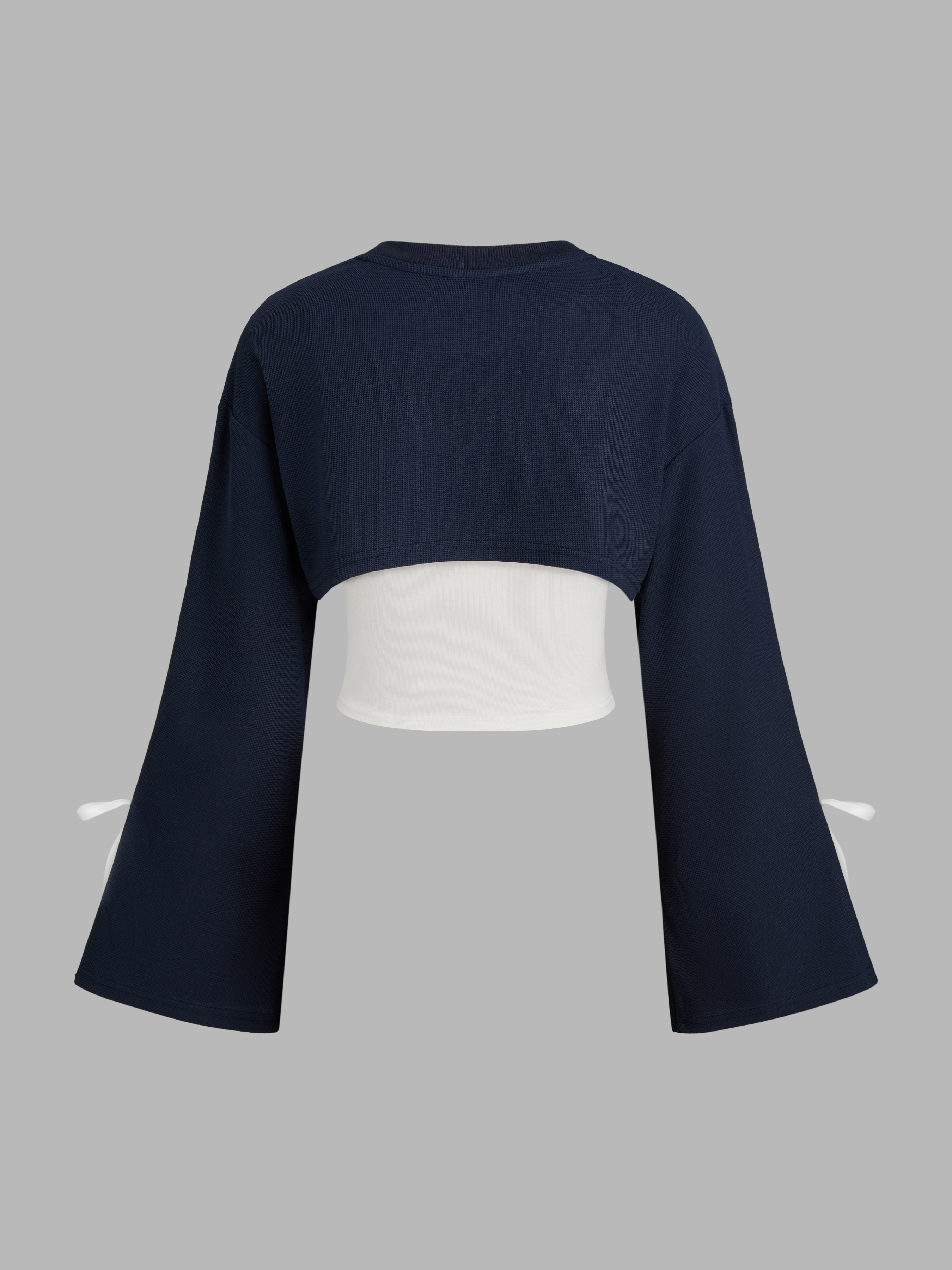 Woven Side Striped Bowknot Sweatshirt & Solid Cropped Cami