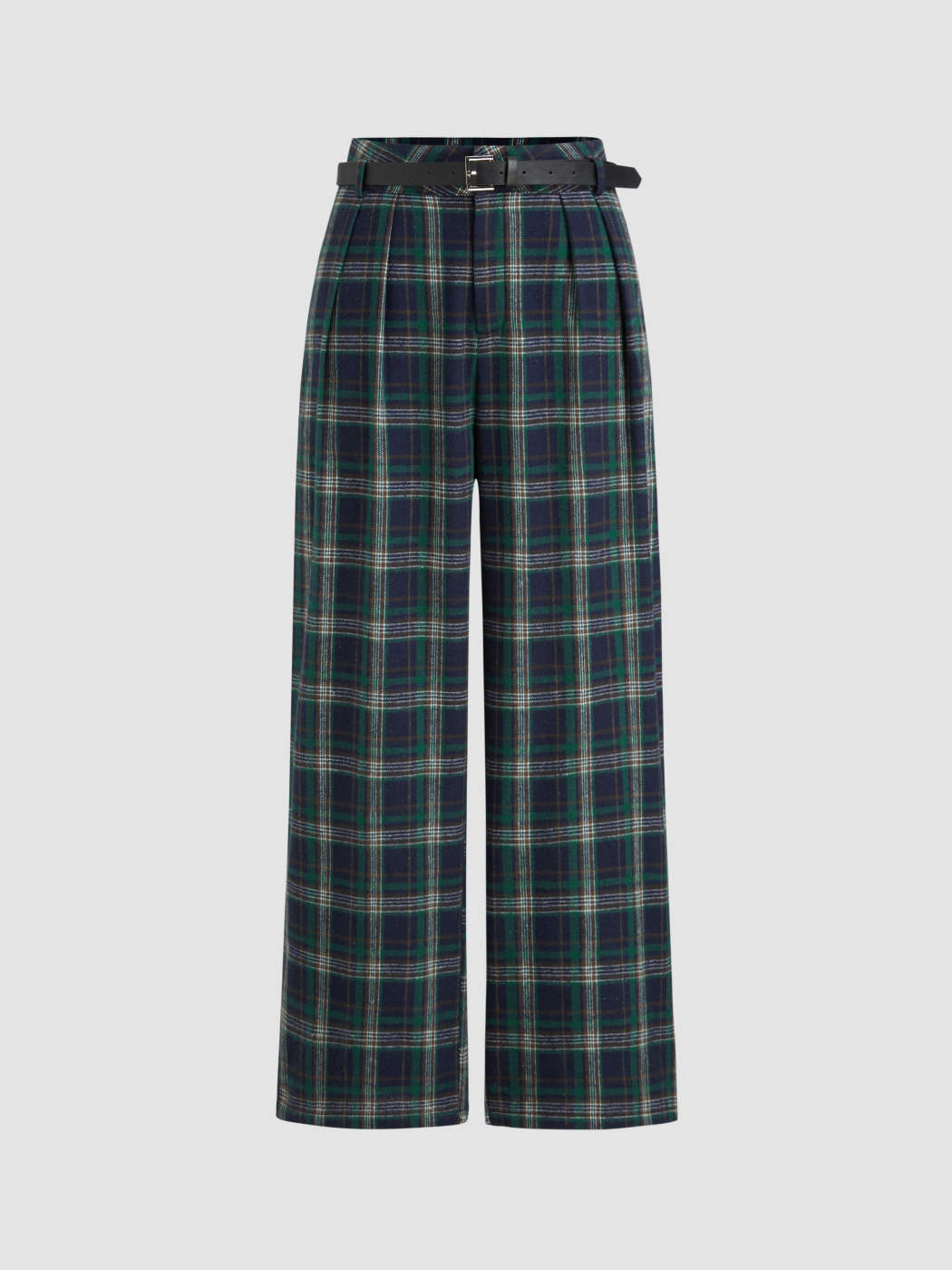 Woven Cotton-blend Mid Rise Tartan Belted Straight Leg Trousers