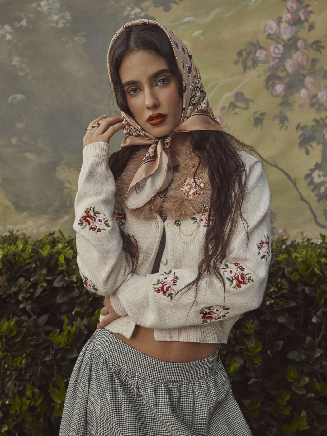 Knit V-neck Floral Embroidery Cardigan With Removable Faux Fur Collar