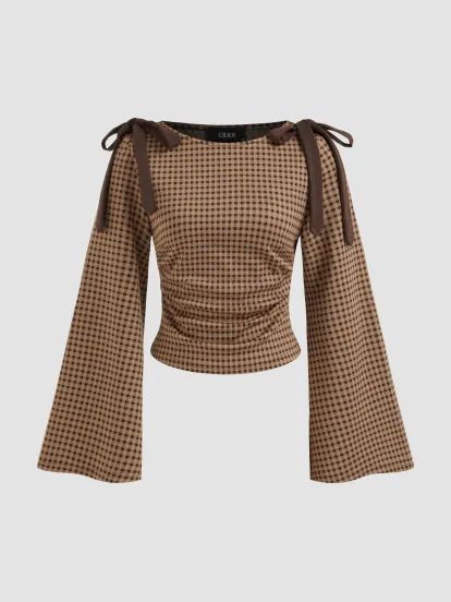 ニット生地 コットン混ボートネックギンガムボウ結びシャーリングミニドレス For 学校