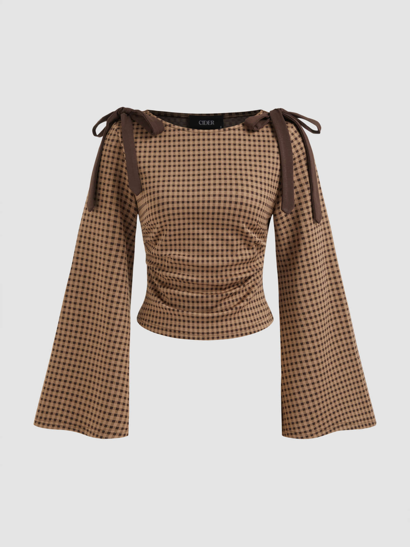 City Chic Knit Fabric Boat Neck Gingham Bowknot Ruched Long Sleeve Top For School