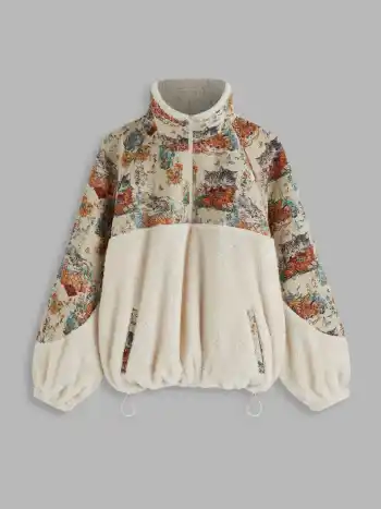 Fleece-Kragen Blumen-Katze Zugschnür-Sweatshirt Kurve & Plus