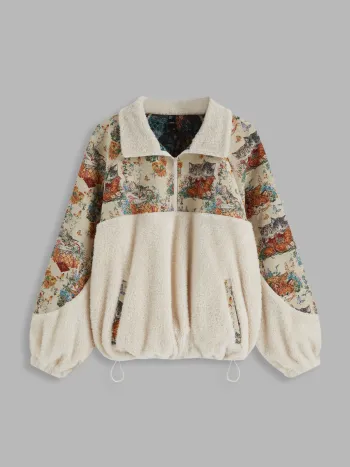 Fleece-Kragen Blumen-Katze Zugschnür-Sweatshirt Kurve & Plus