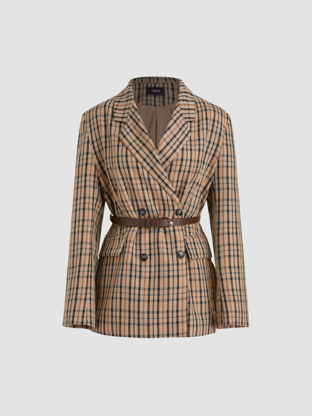 Collar Double Breasted Plaid Oversized Blazer With Belt