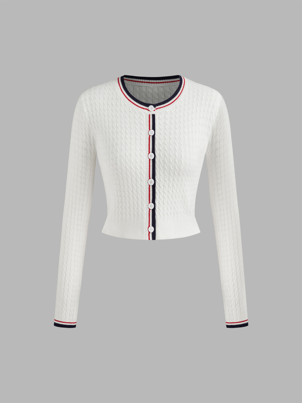 Cable Knit Round Neckline Contrasting Binding Cardigan