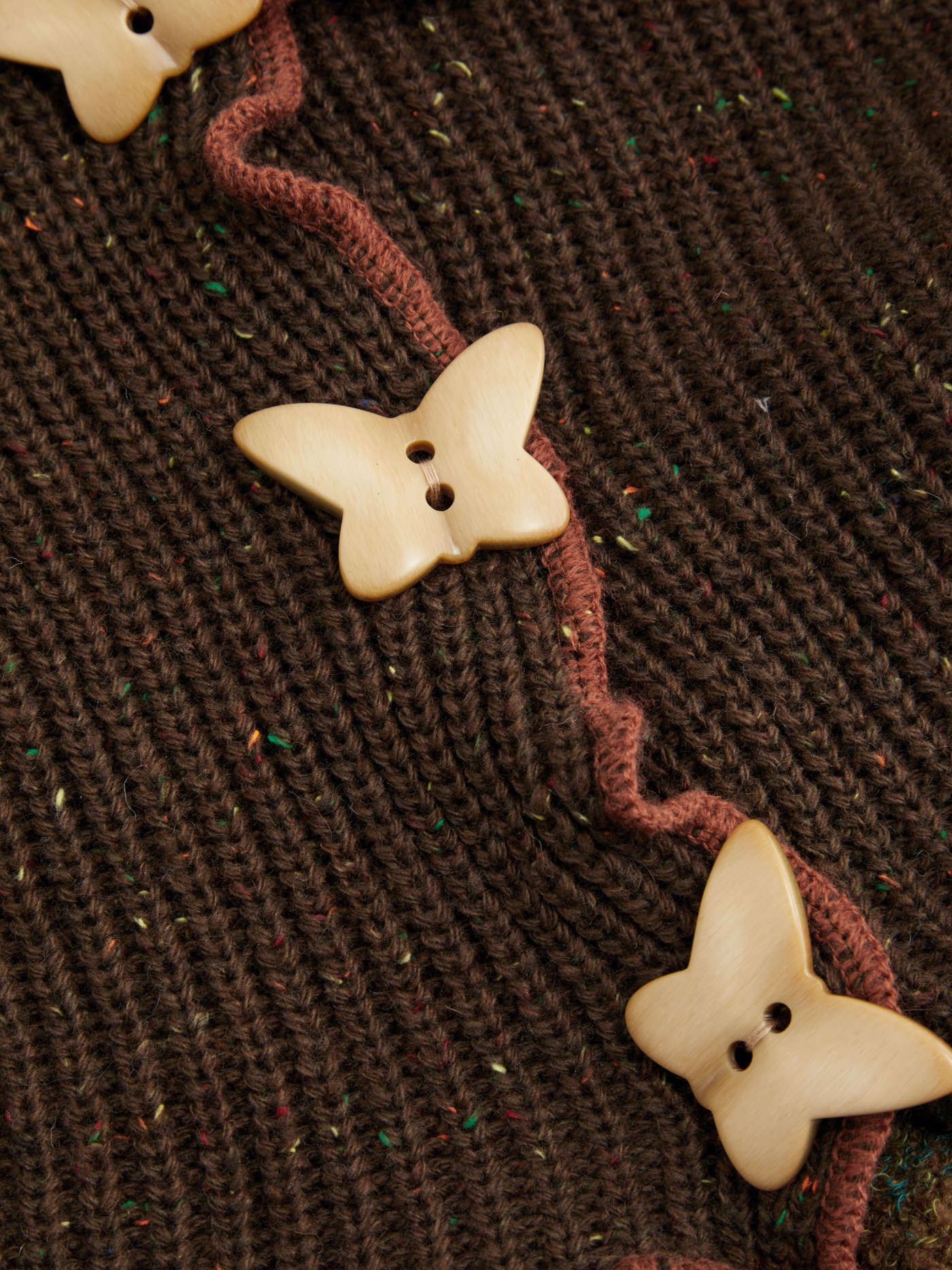 Wool-blend Knit Collar Lettuce Trim Butterfly Button Long Sleeve Top