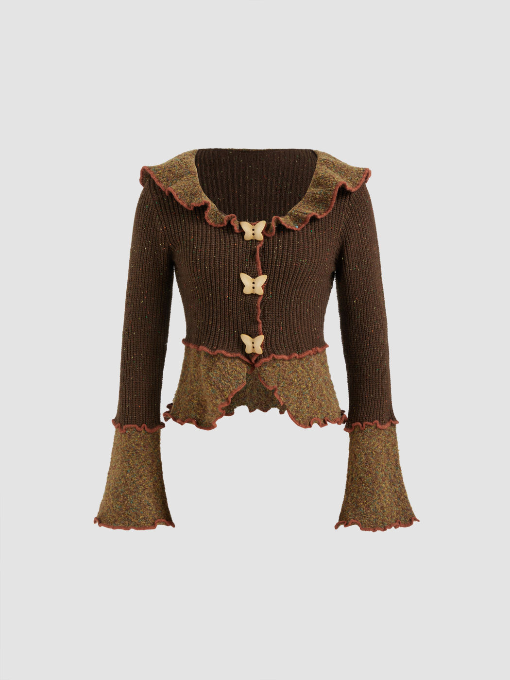 Wool-blend Knit Collar Lettuce Trim Butterfly Button Long Sleeve Top