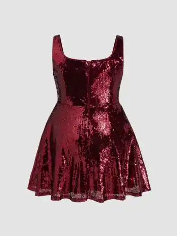 Sequins Scoop Neckline Ruffle Mini Dress Curve & Plus