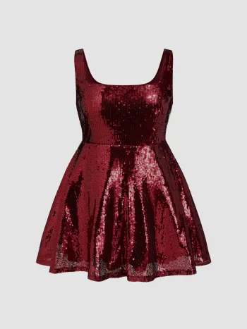 Sequins Scoop Neckline Ruffle Mini Dress Curve & Plus