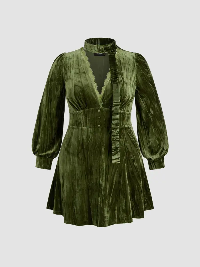 Velvet V-neck Star Ruffle Tie Back Midi Dress