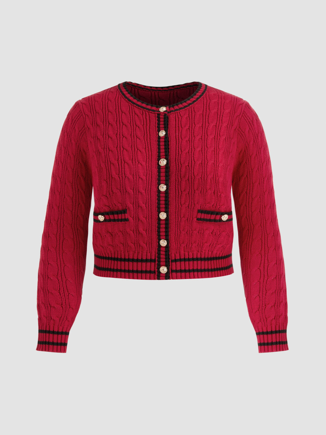 Cable Knit Round Neckline Contrasting Binding Crop Cardigan Curve & Plus