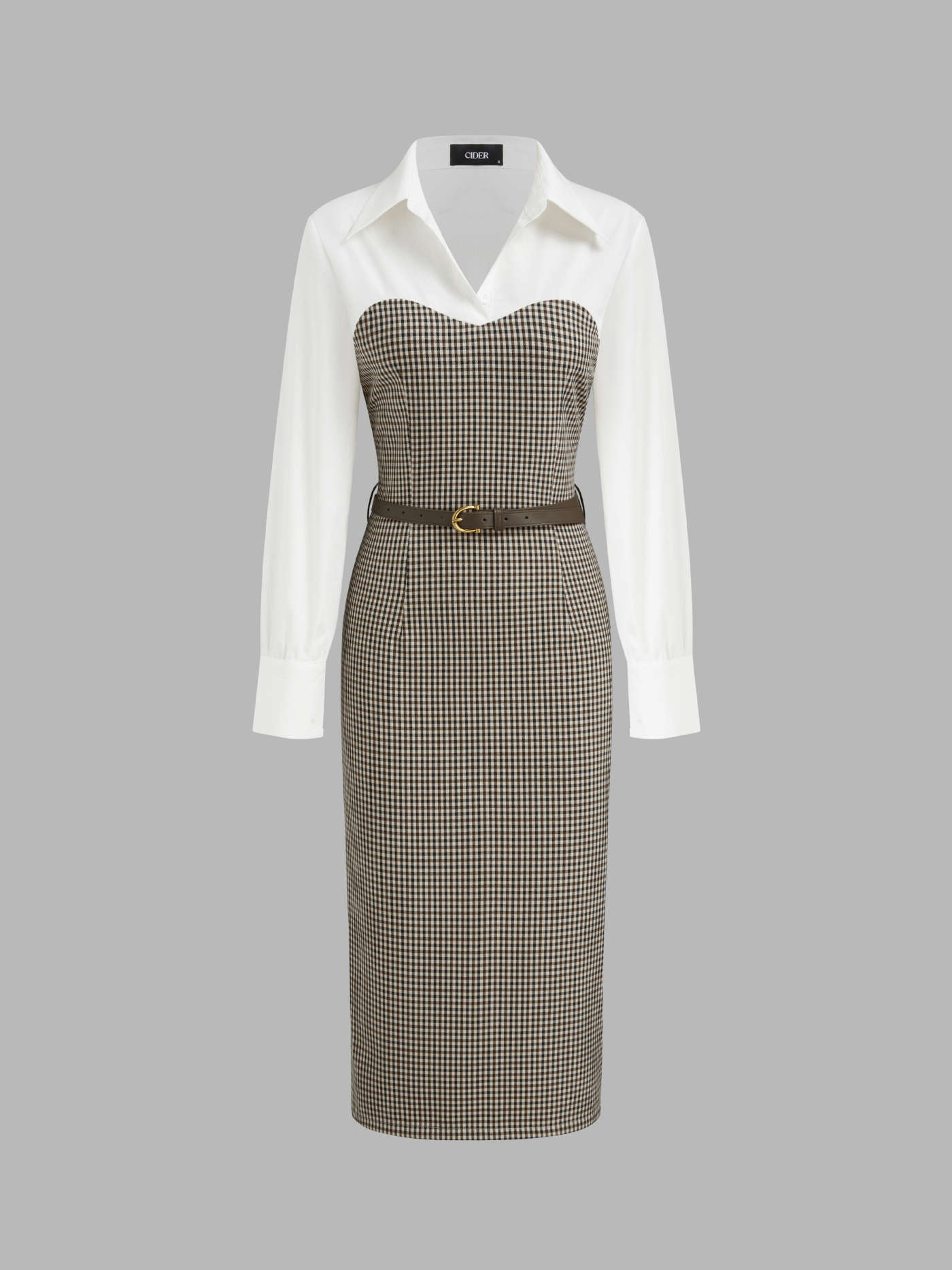 Collar Houndstooth Two Tone Patched Midi Dress With Belt