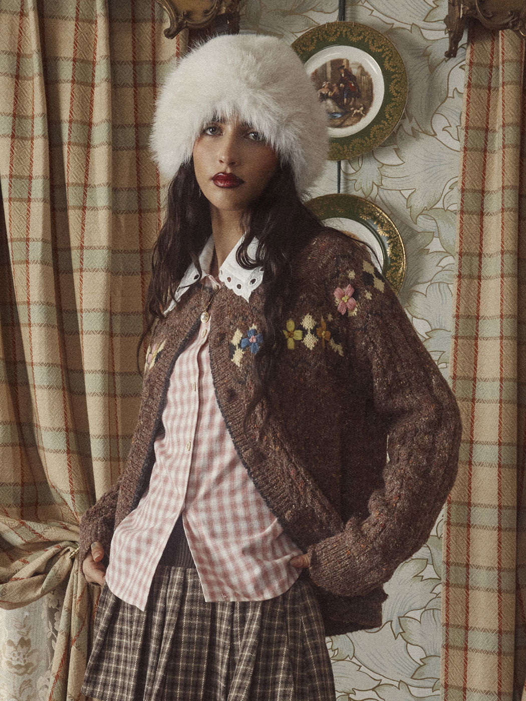 Wool-blend Round Neckline Floral Cardigan
