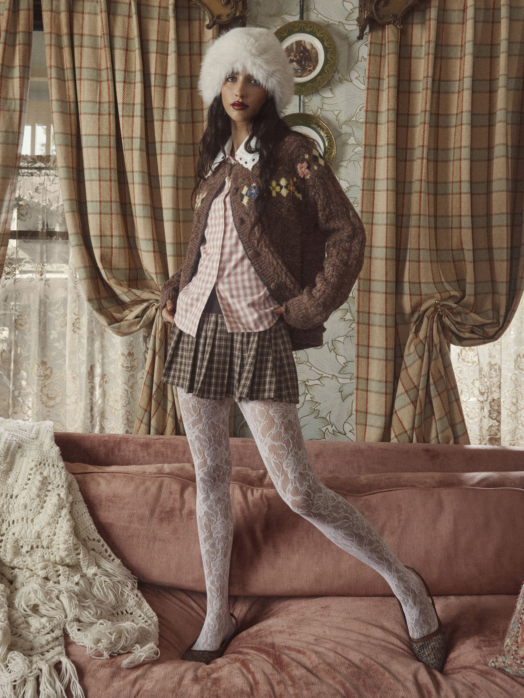 Wool-blend Round Neckline Floral Cardigan