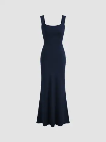 Tejido de punto Escote Redondo Liso Lazo Espalda Maxi Vestido For Fecha Boda