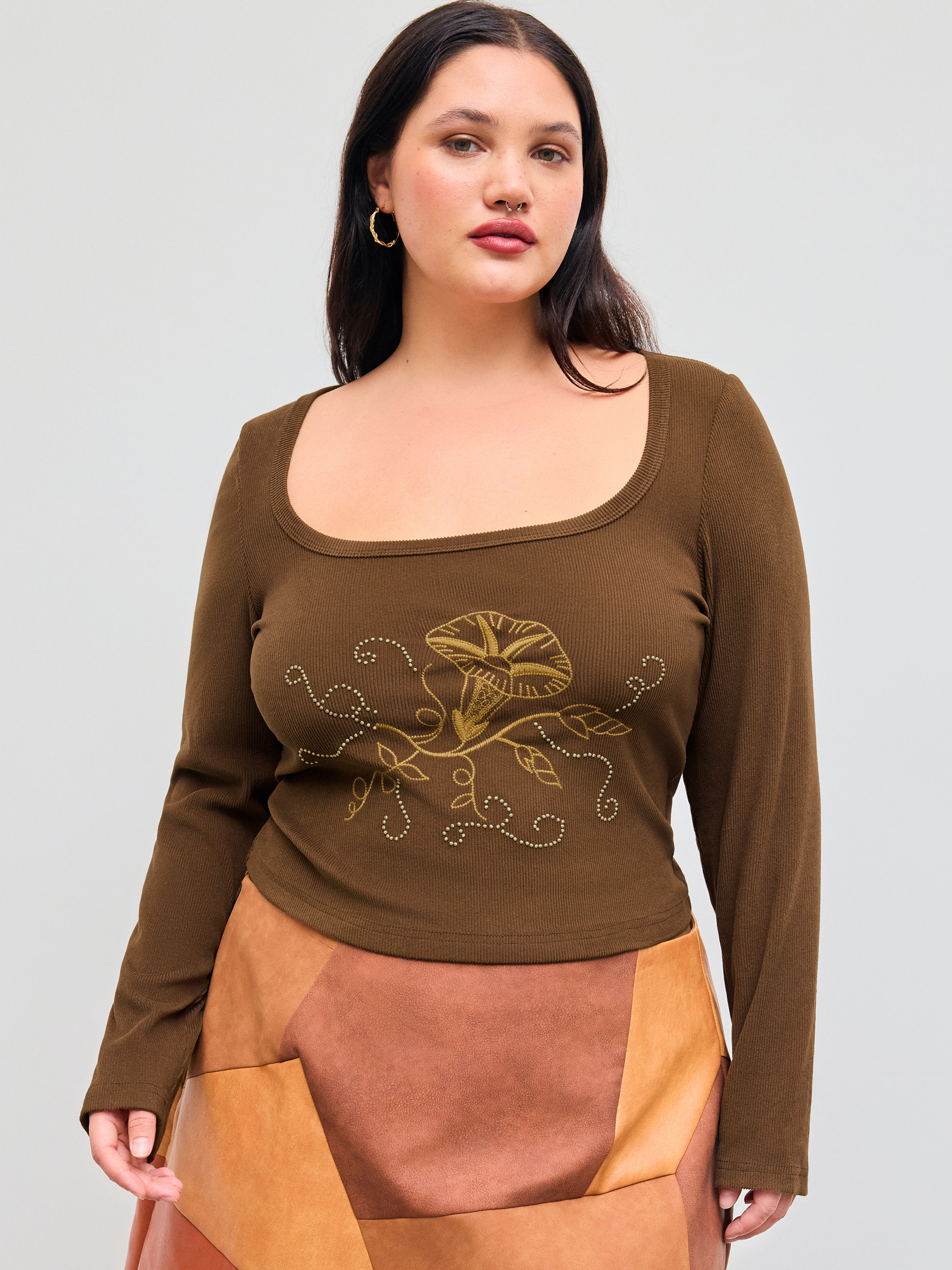 Square Neck Floral Long Sleeve Top Curve & Plus