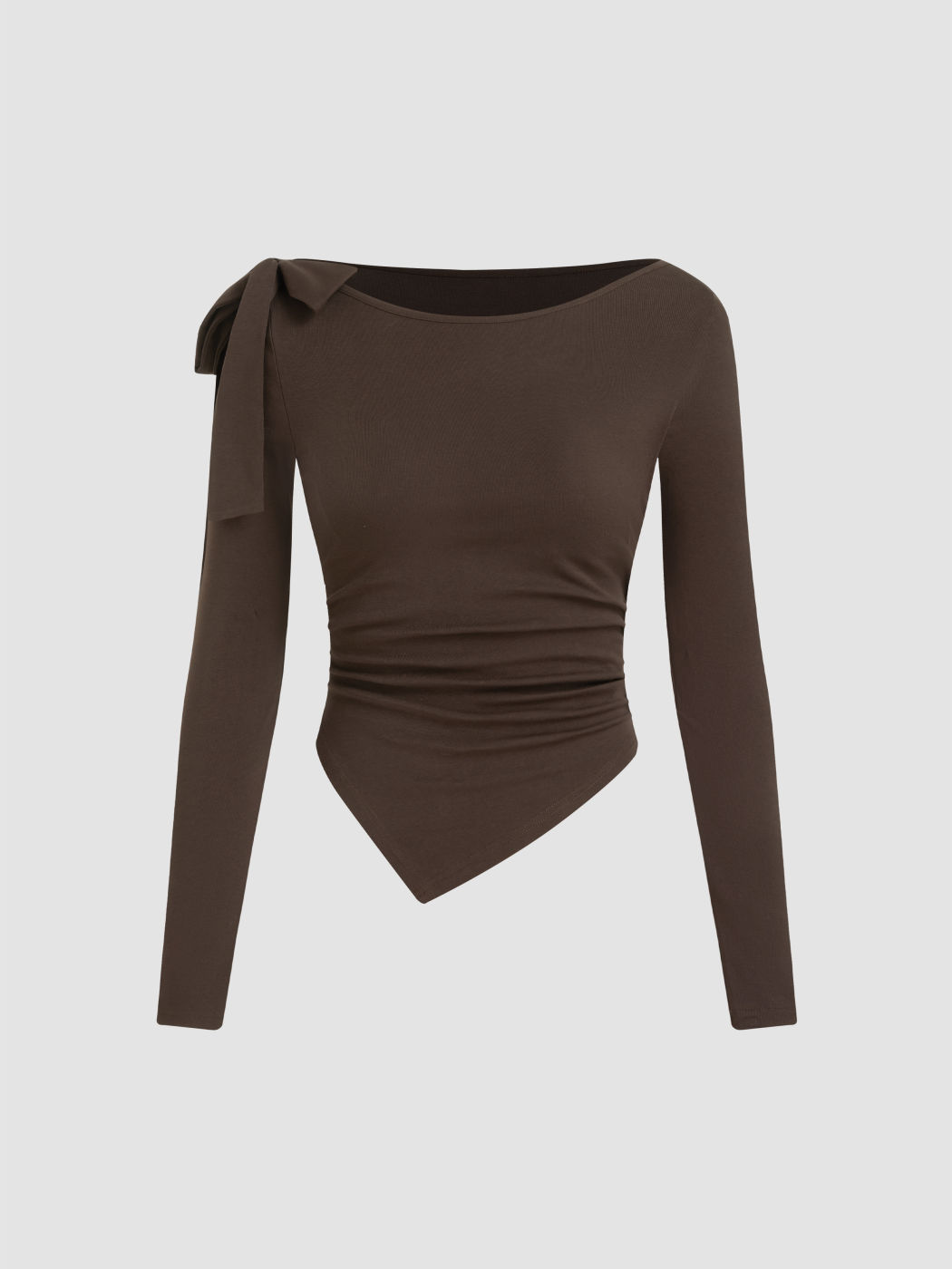 Cotton-blend Round Neckline Bow Asymmetrical Hem Long Sleeve Top