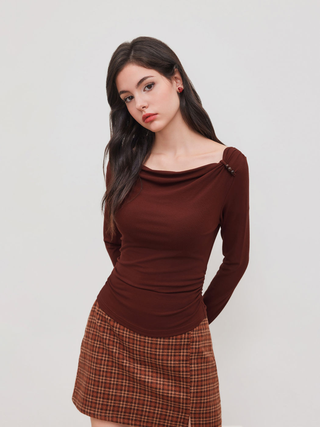 Cowl Neck Beaded Ruched Long Sleeve Top