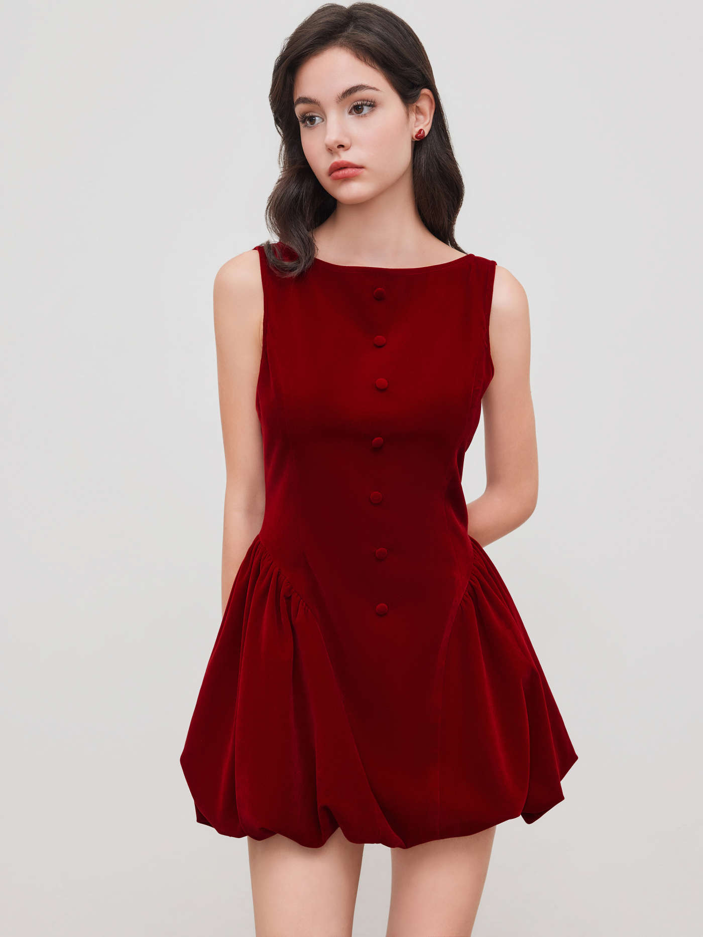Velvet Boat Neck Ruffle Bubble Hem Mini Dress