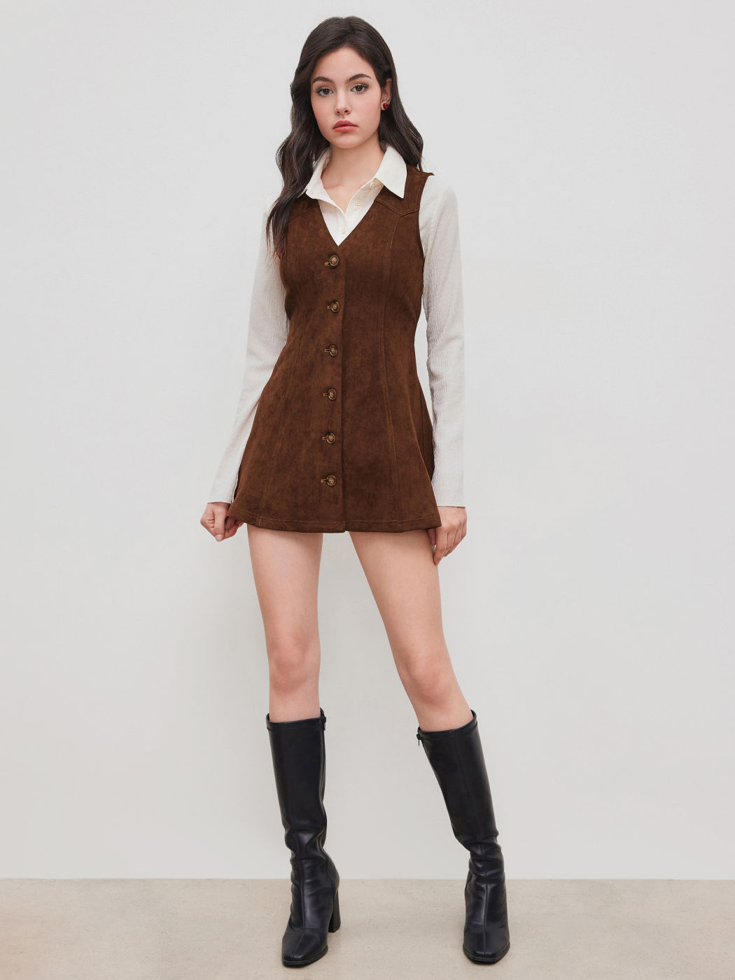 Suede V-neck Solid Button Mini Dress