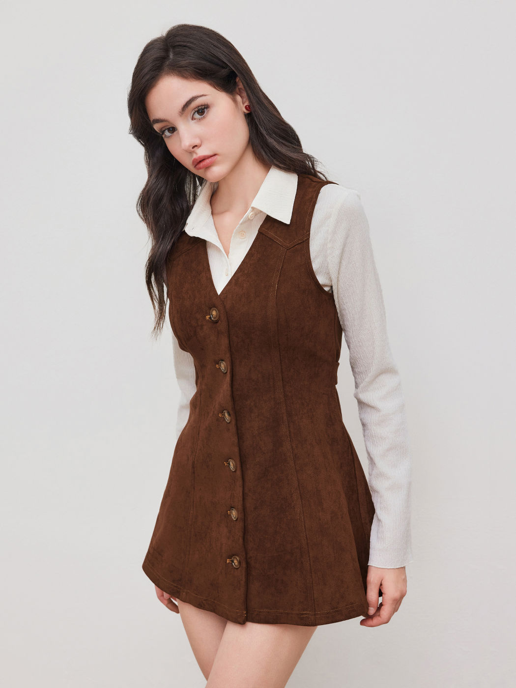 Suede V-neck Solid Button Mini Dress