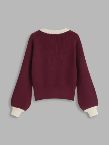 Knit V-neck Solid Wrap Crop Long Sleeve Top