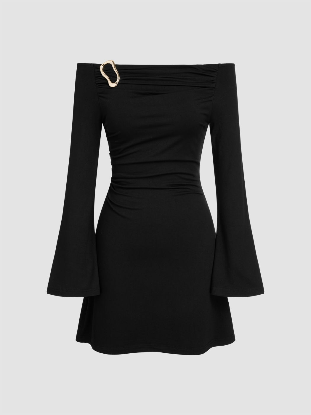Off-Shoulder Bell Sleeve Hook Ruched Mini Dress