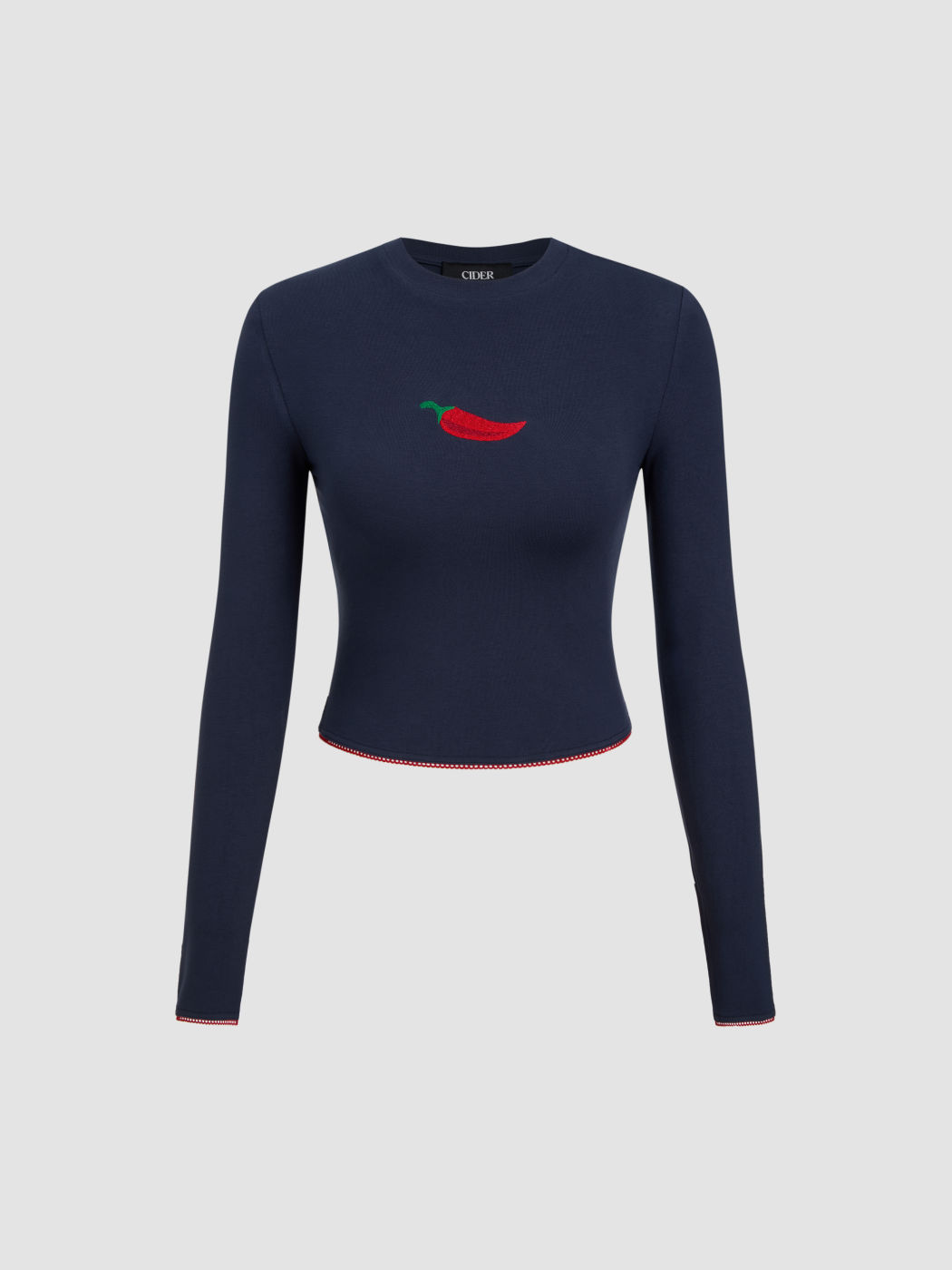 Chili Graphic Embroidery Contrasting Binding Long Sleeve Tee
