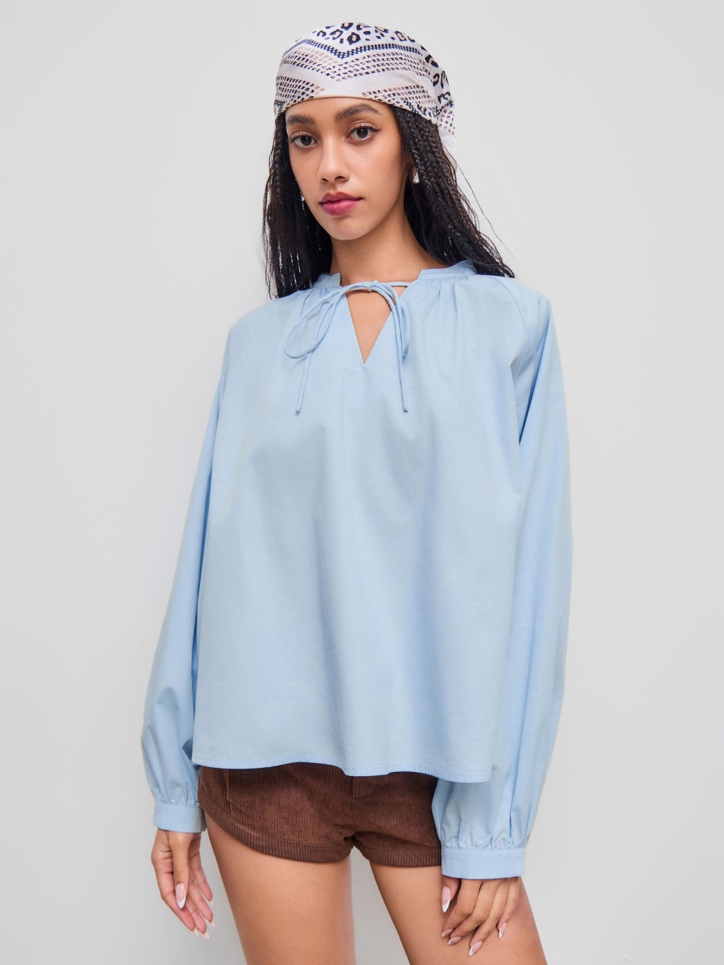 100% Cotton V-neck Knotted Oversized Long Sleeve Blouse