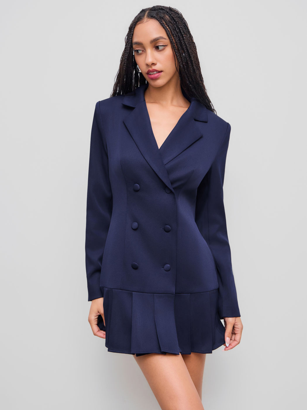 Notched Collar Double Breasted Pleated Mini Blazer Dress